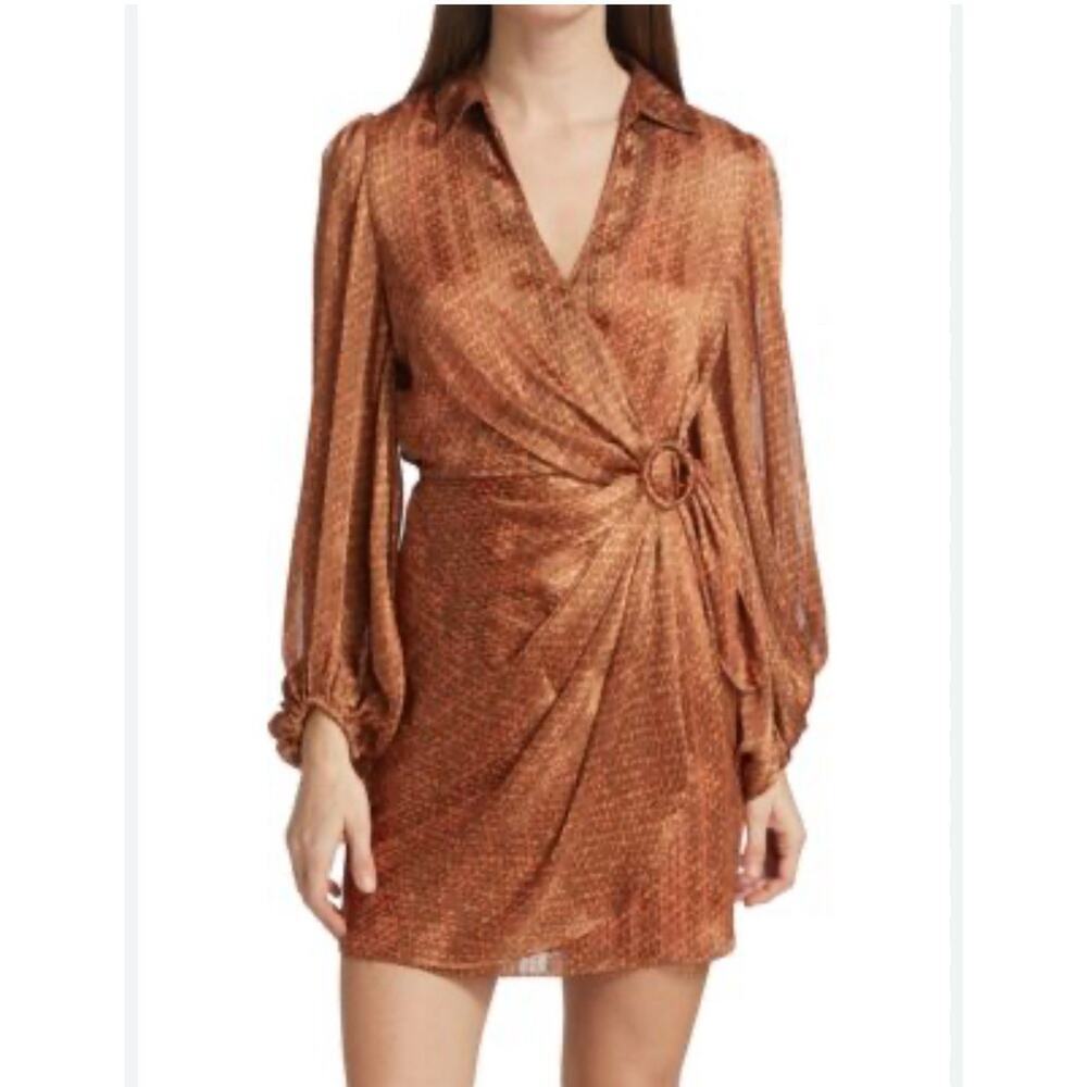 Bailey 44 Brown Orange Malaysia Wrap Flowy Satin Dress W/o Ring Belt Sz L